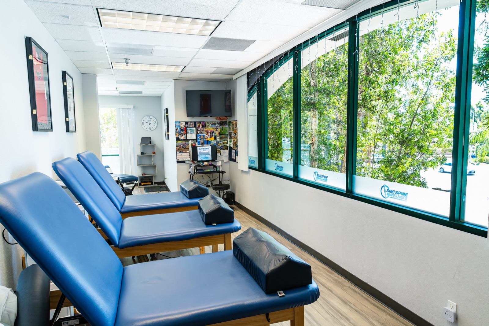 A bright treatment room with a garden view at Simi Valley Spine & Wellness